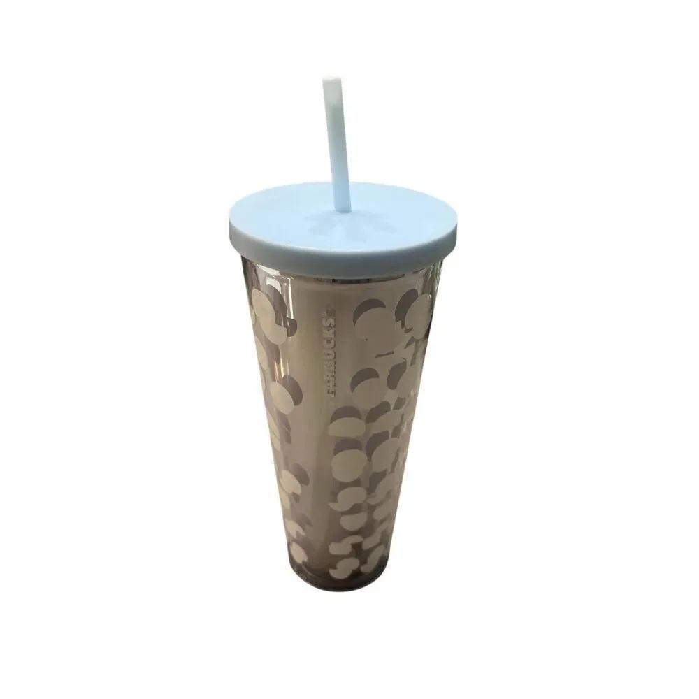 Starbucks Unisex 2018 Mirror Polka Dot Tumbler w/ Straw Silver White 24oz NWT